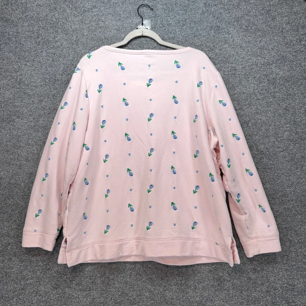 Talbots Sweatshirt Womens 1X Pink Floral Embroidered Crewneck Plus Size Fleece